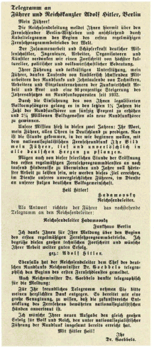 Telegramm an Fuhrer und Reichskanzler Adolf Hitler