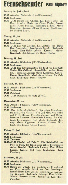 Fernsehprogramm vom 16. Juni 1940